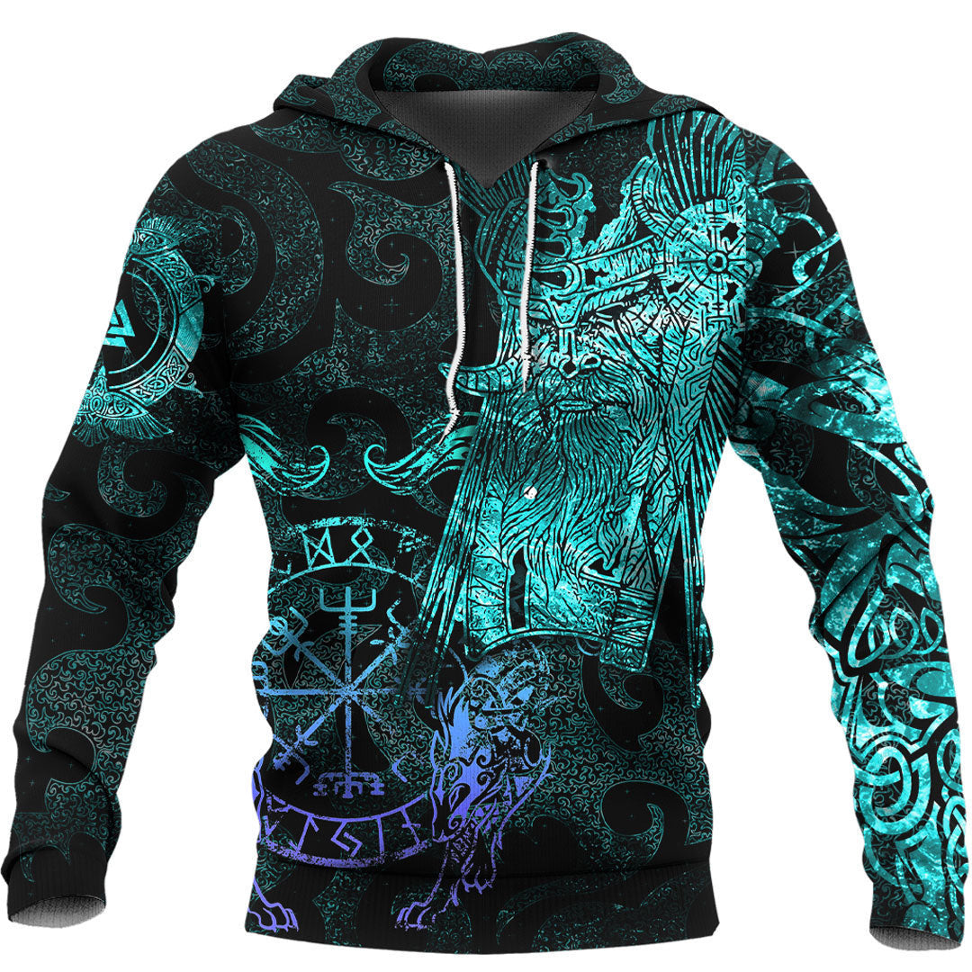 Odin Tattoo Cyan Version Wolf Viking Hoodie Cyan Style