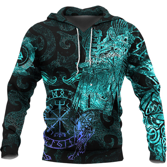 Odin Tattoo Cyan Version Wolf Viking Hoodie Cyan Style