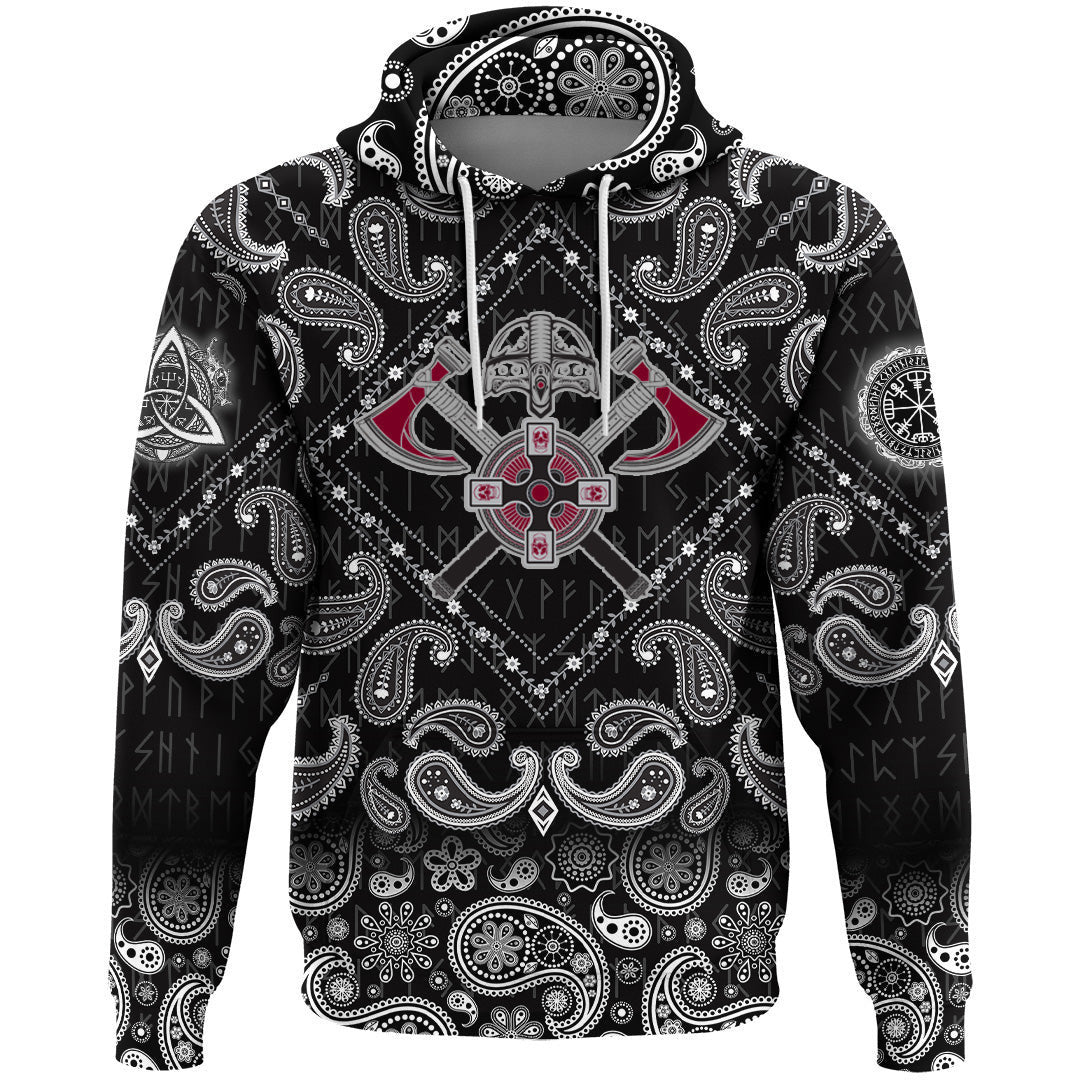 Crest Crossed Battle Axes With Bandana Paisley Style Viking Hoodie