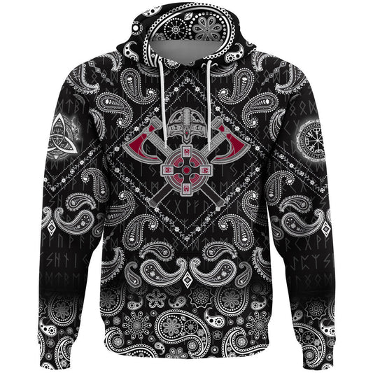 Crest Crossed Battle Axes With Bandana Paisley Style Viking Hoodie