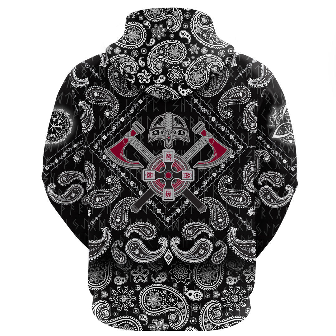 Crest Crossed Battle Axes With Bandana Paisley Style Viking Hoodie