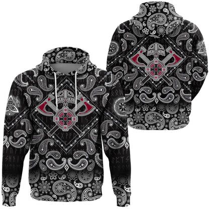 Crest Crossed Battle Axes With Bandana Paisley Style Viking Hoodie