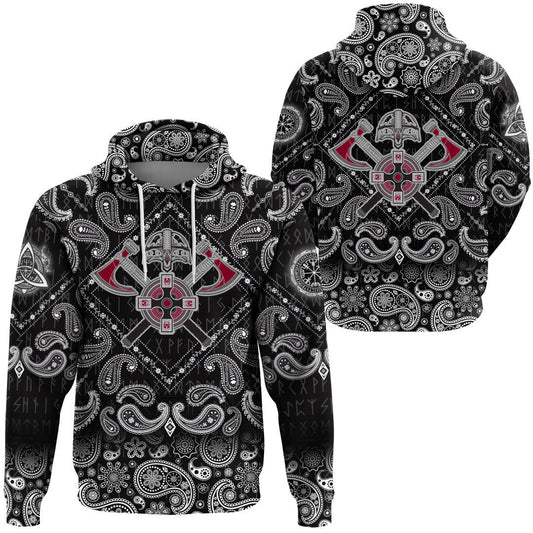 Crest Crossed Battle Axes With Bandana Paisley Style Viking Hoodie