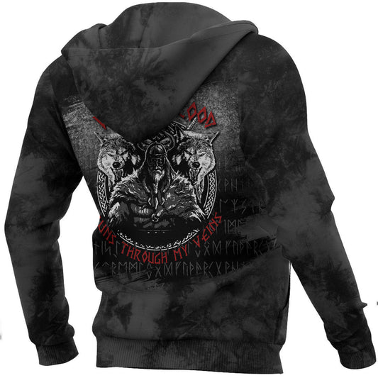 Odin Geri And Freki Wolfs Viking Blood Runs Through My Veins Viking Hoodiea7