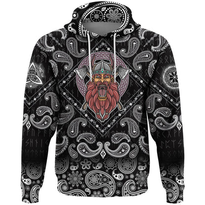 Barbarian Head With Cross Axe With Bandana Paisley Style Viking Hoodie