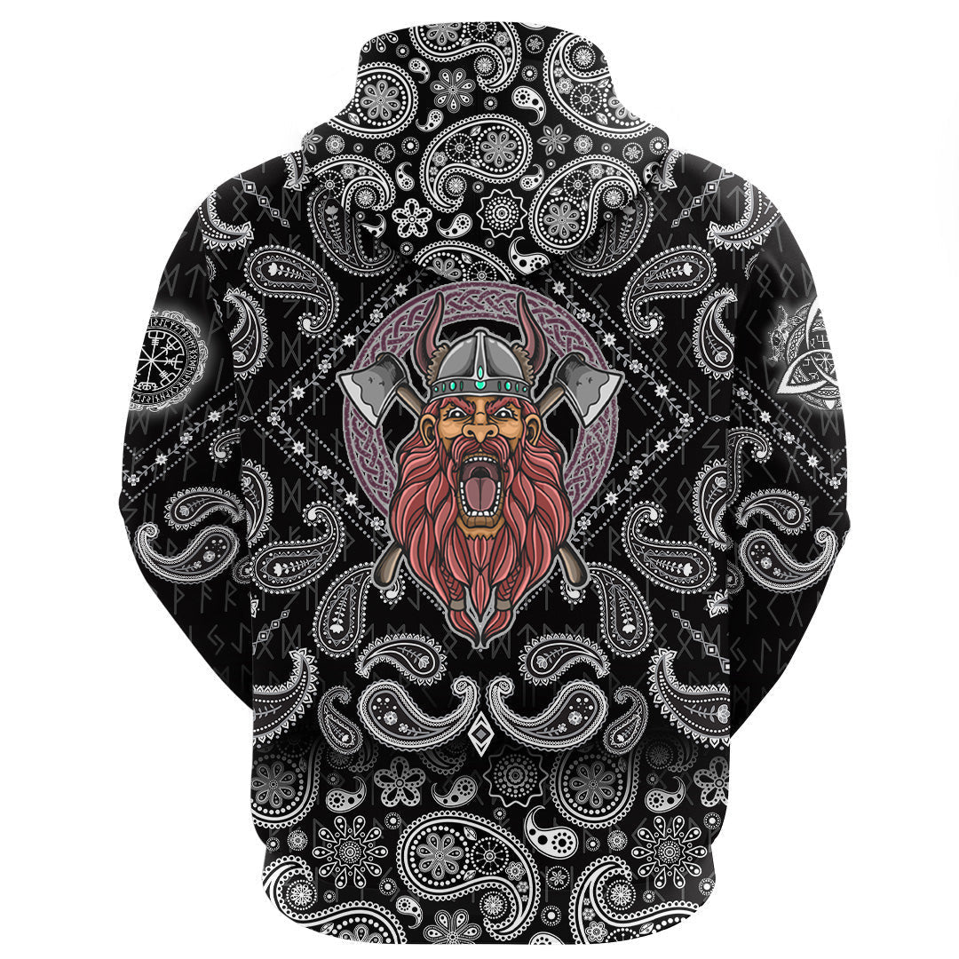 Barbarian Head With Cross Axe With Bandana Paisley Style Viking Hoodie