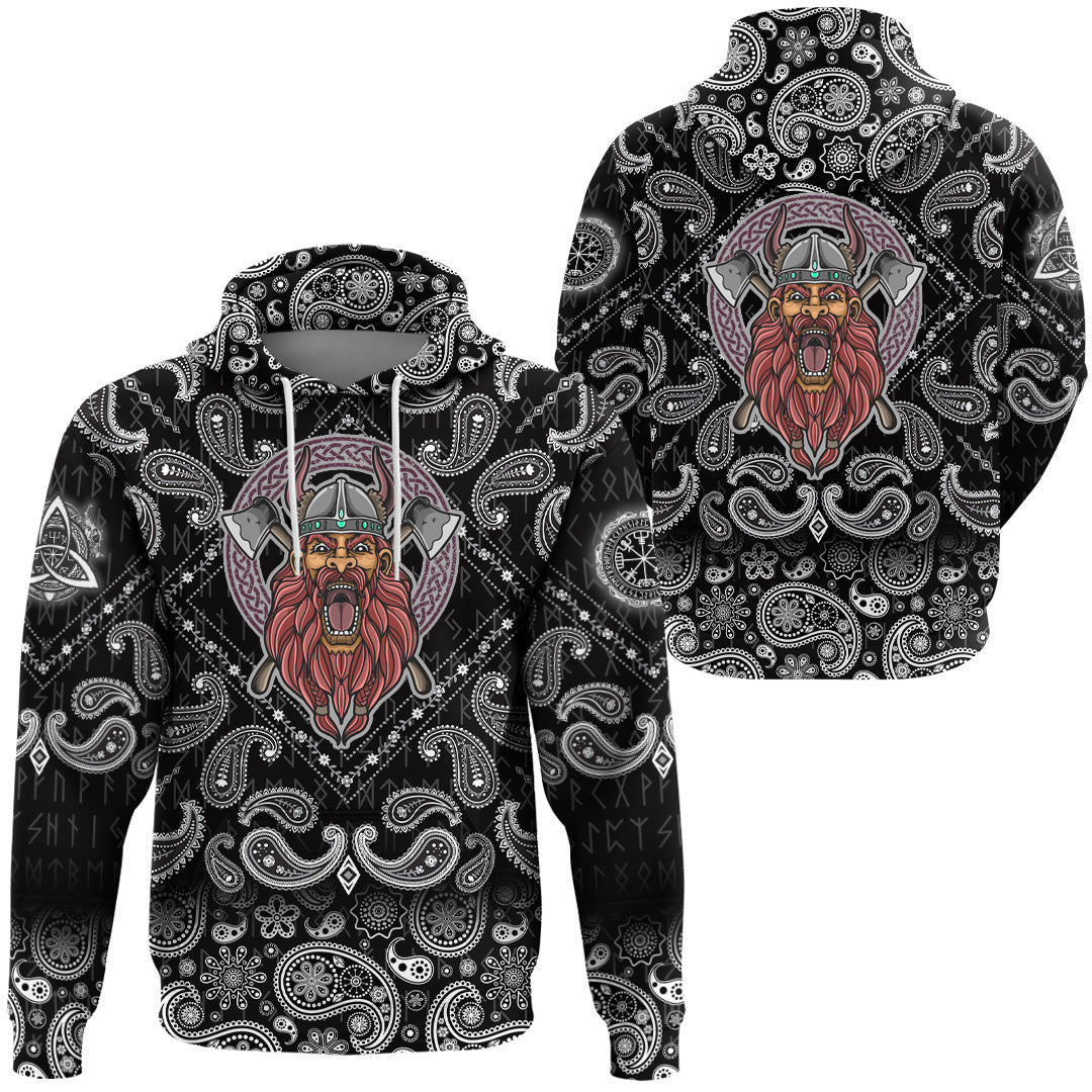 Barbarian Head With Cross Axe With Bandana Paisley Style Viking Hoodie