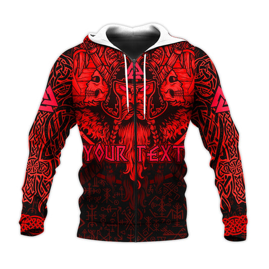 (Custom) Viking Odin Celtic Knot Viking Head With Axes Magical Runes Signs Red Color Viking Hoodie