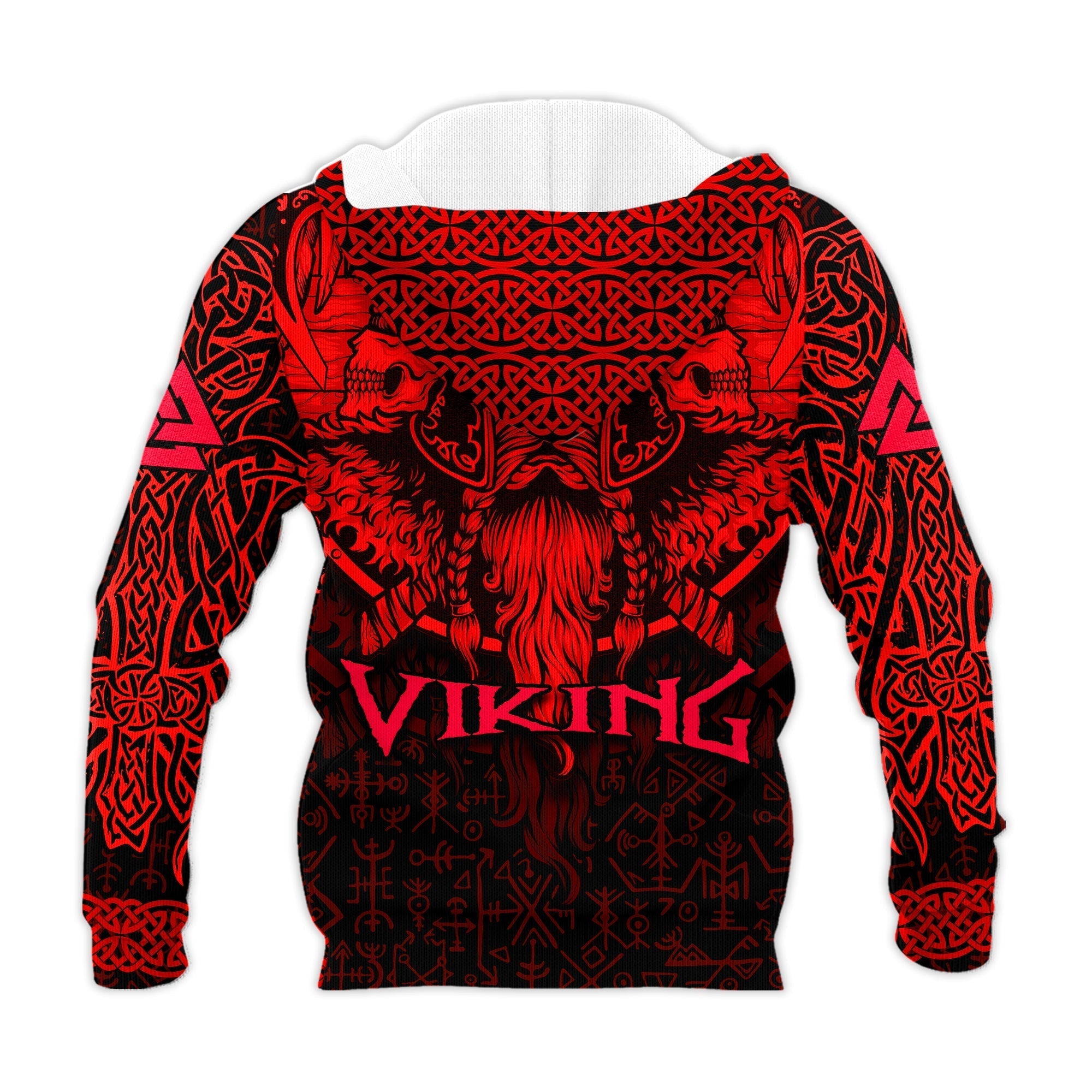 (Custom) Viking Odin Celtic Knot Viking Head With Axes Magical Runes Signs Red Color Viking Hoodie