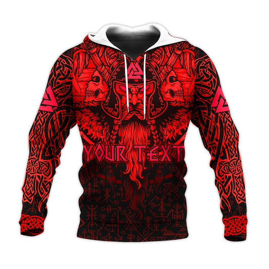 (Custom) Viking Odin Celtic Knot Viking Head With Axes Magical Runes Signs Red Color Viking Hoodie