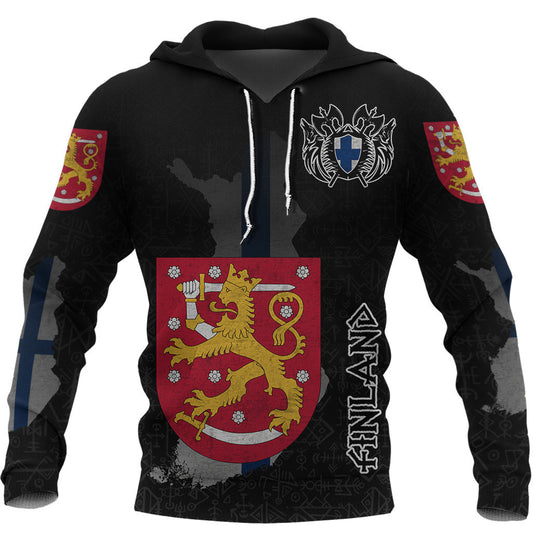 (Custom) Finland Flag And Map Viking Hoodie Style Viking Geri & Freki