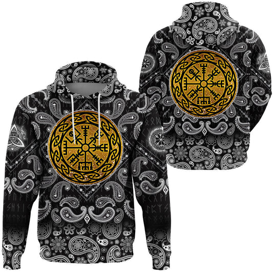 Golden Vegvisir With Bandana Paisley Style Viking Hoodie