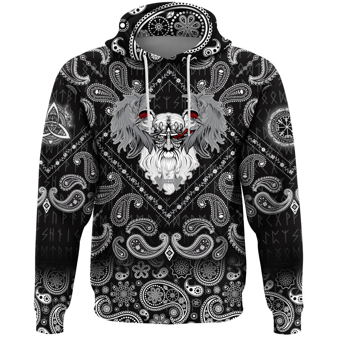 God Odin With Two Ravens With Bandana Paisley Style Viking Hoodie