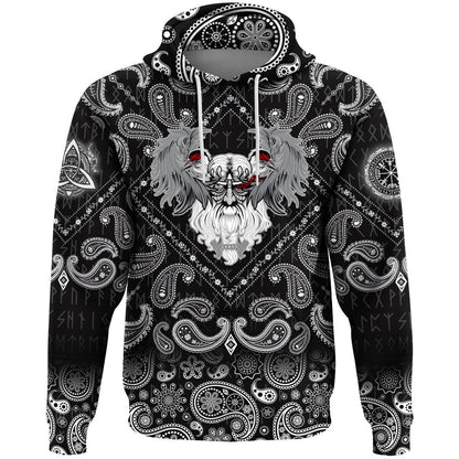 God Odin With Two Ravens With Bandana Paisley Style Viking Hoodie
