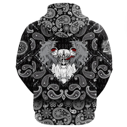 God Odin With Two Ravens With Bandana Paisley Style Viking Hoodie