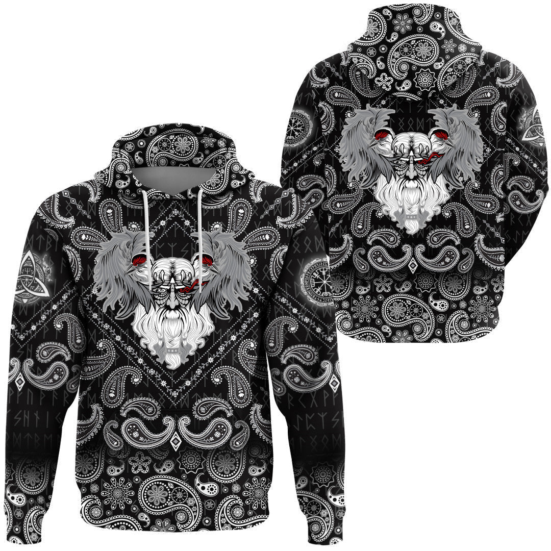God Odin With Two Ravens With Bandana Paisley Style Viking Hoodie