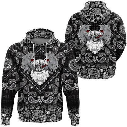 God Odin With Two Ravens With Bandana Paisley Style Viking Hoodie