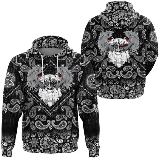 God Odin With Two Ravens With Bandana Paisley Style Viking Hoodie