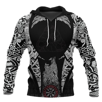 Three Wolves Fantasy Ornament Black And White Viking Hoodie