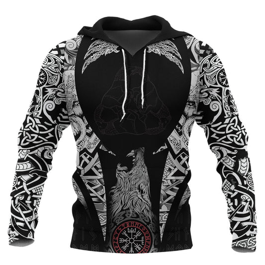 Three Wolves Fantasy Ornament Black And White Viking Hoodie
