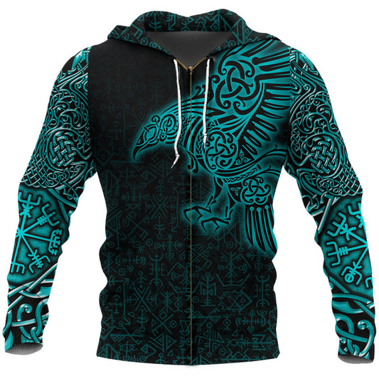 Style Zip Viking Hoodie Raven Mjolnir Yggdrasil Cyan A15 Cyan Style Zipper