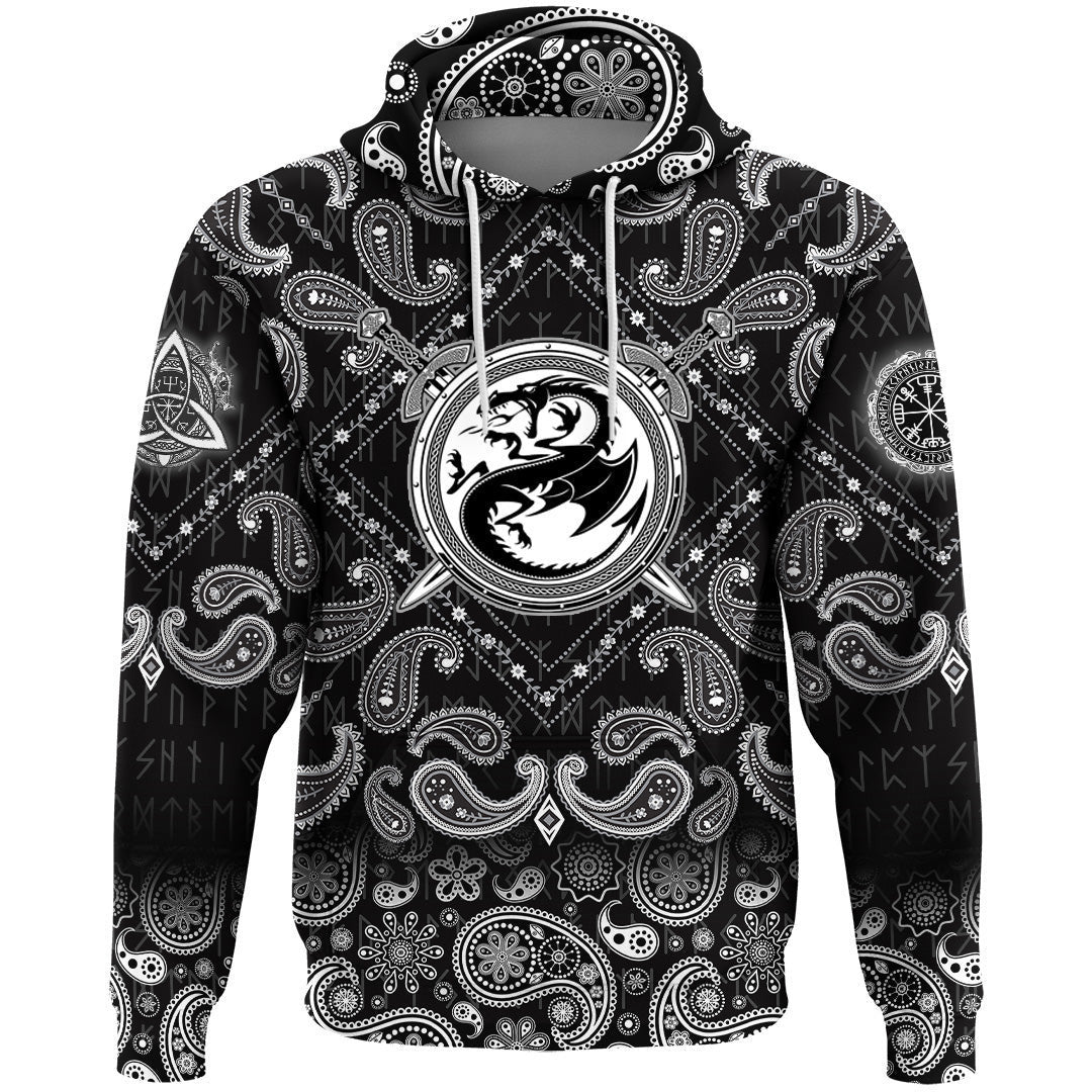 Dragon Shield With Crossing Swords With Bandana Paisley Style Viking Hoodie