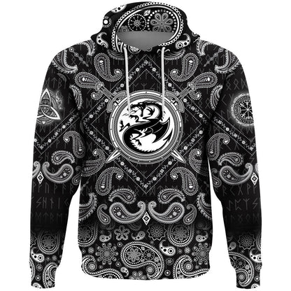 Dragon Shield With Crossing Swords With Bandana Paisley Style Viking Hoodie
