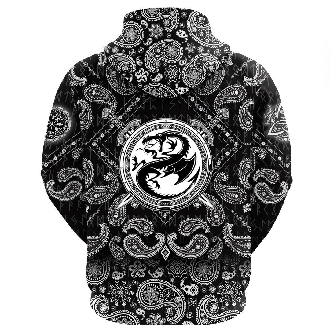 Dragon Shield With Crossing Swords With Bandana Paisley Style Viking Hoodie
