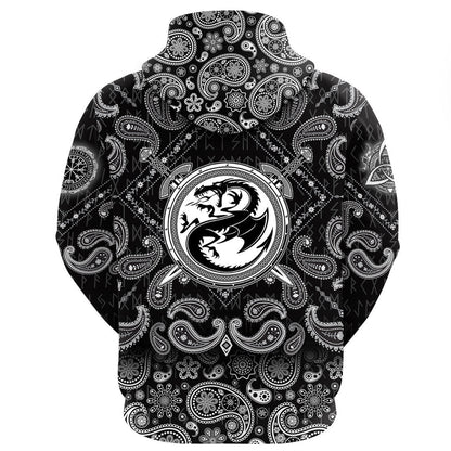 Dragon Shield With Crossing Swords With Bandana Paisley Style Viking Hoodie