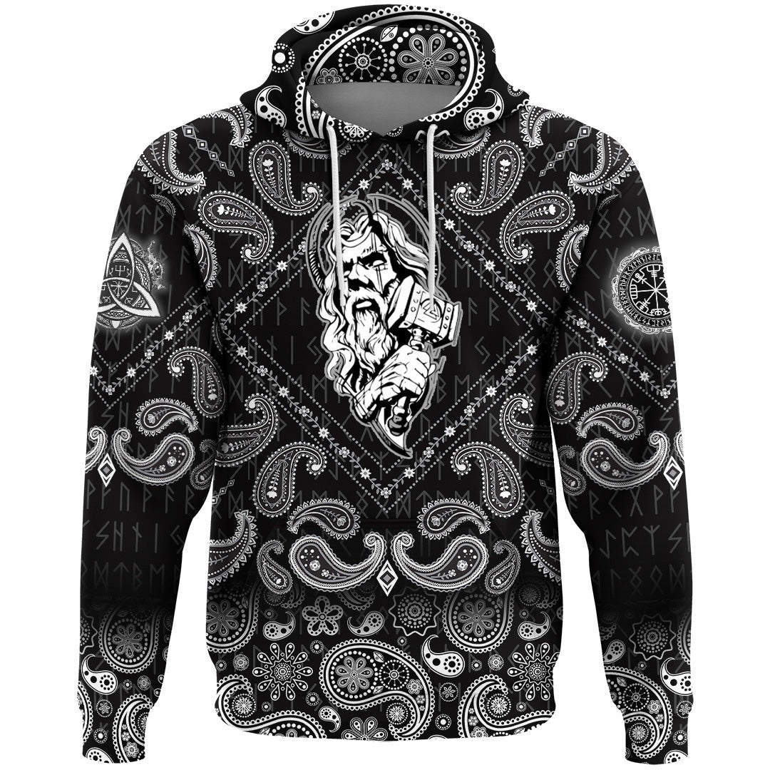 Nordic God And His Hammer With Bandana Paisley Style Viking Hoodie