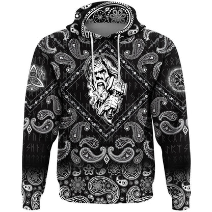 Nordic God And His Hammer With Bandana Paisley Style Viking Hoodie
