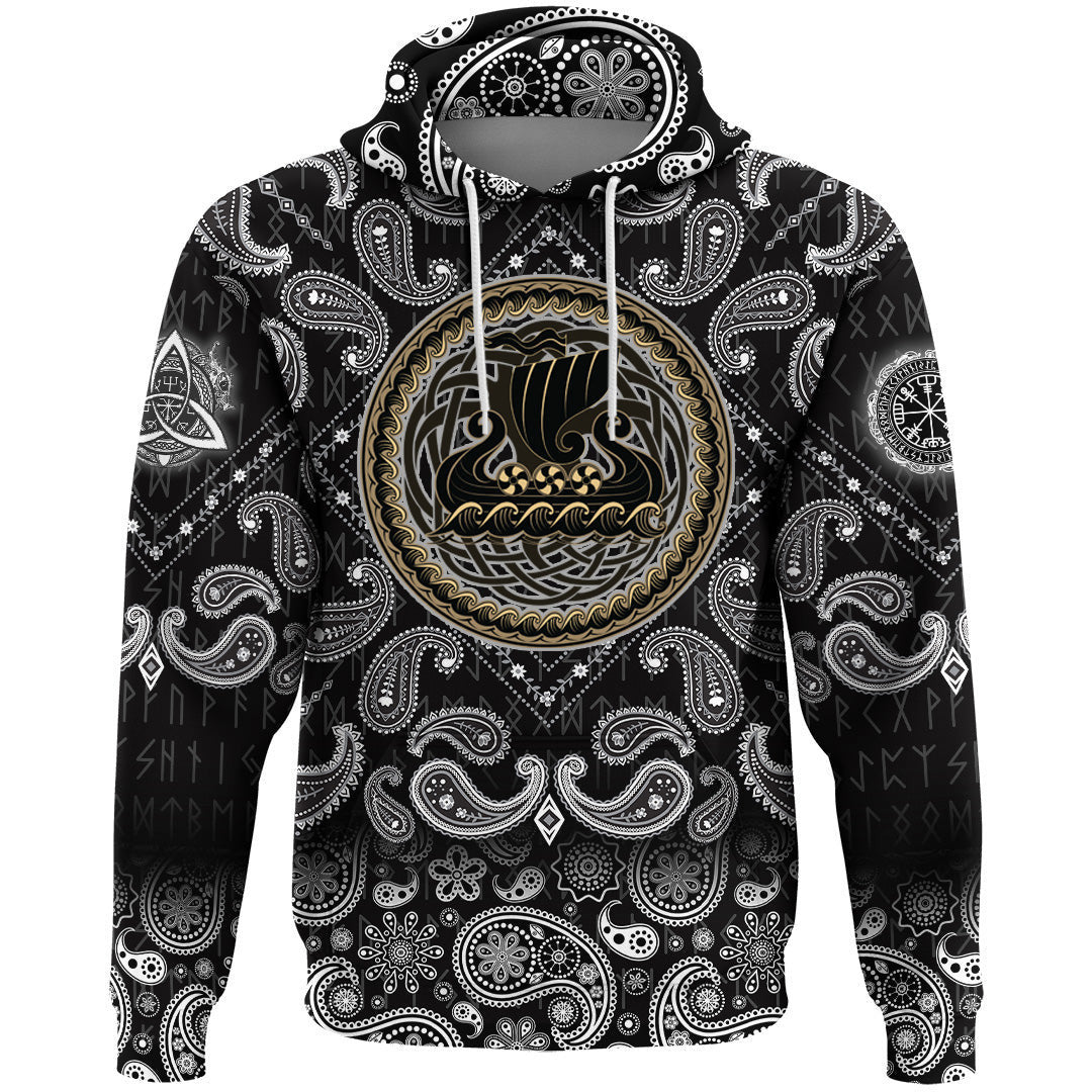 Drakkar Ship Sailing On The Stormy Sea With Bandana Paisley Style Viking Hoodie