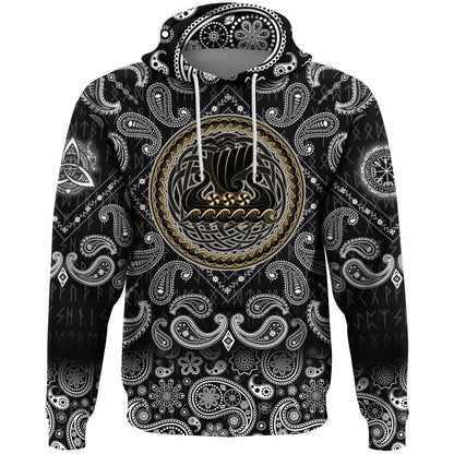 Drakkar Ship Sailing On The Stormy Sea With Bandana Paisley Style Viking Hoodie