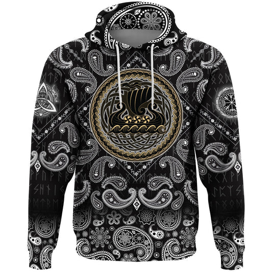Drakkar Ship Sailing On The Stormy Sea With Bandana Paisley Style Viking Hoodie