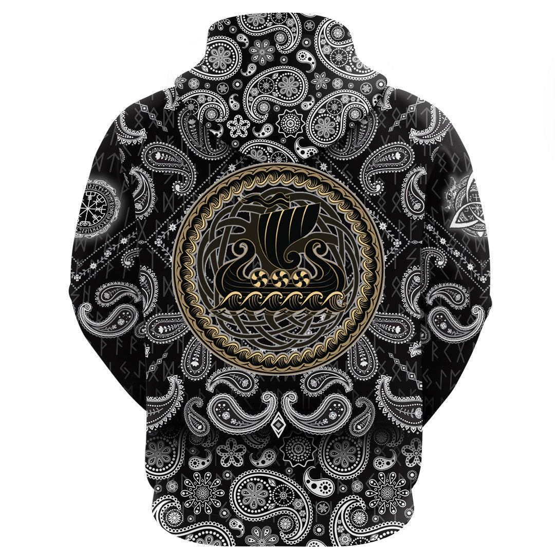 Drakkar Ship Sailing On The Stormy Sea With Bandana Paisley Style Viking Hoodie