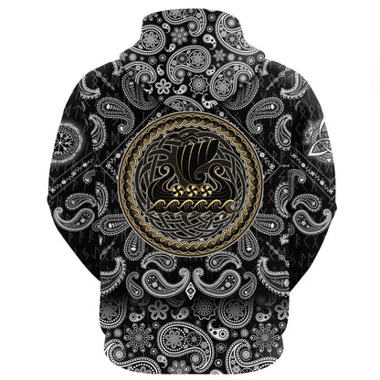 Drakkar Ship Sailing On The Stormy Sea With Bandana Paisley Style Viking Hoodie