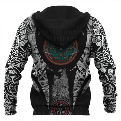 Vintage Round Print With Horned Helmet Viking Hoodie