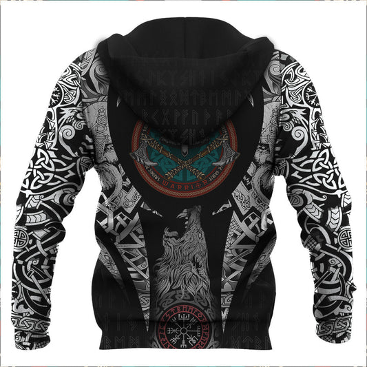 Vintage Round Print With Horned Helmet Viking Hoodie