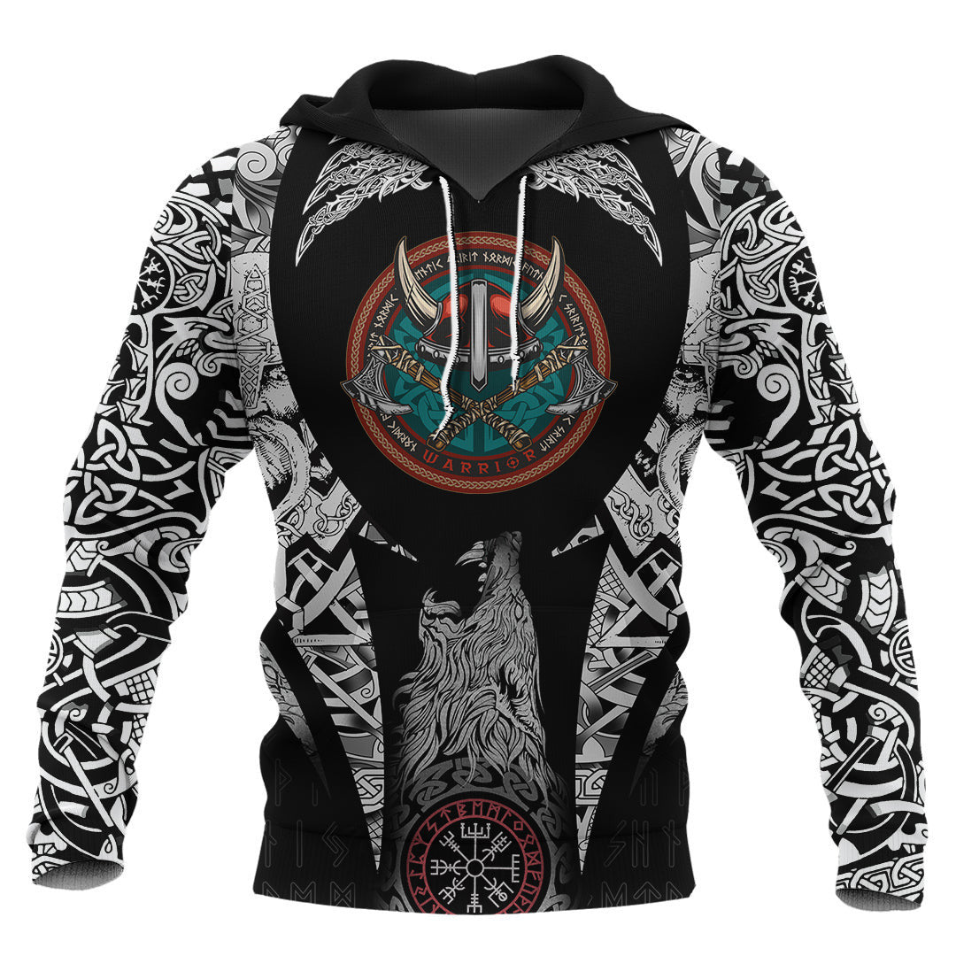 Vintage Round Print With Horned Helmet Viking Hoodie