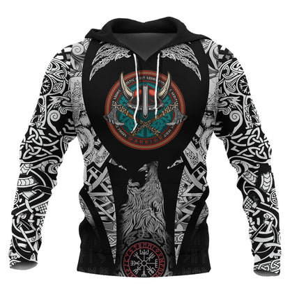 Vintage Round Print With Horned Helmet Viking Hoodie