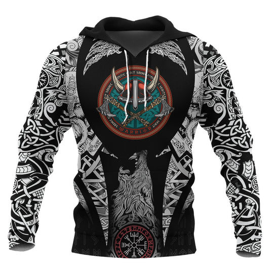 Vintage Round Print With Horned Helmet Viking Hoodie