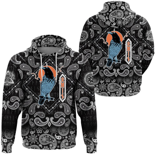 Black Raven With Bandana Paisley Style Viking Hoodie