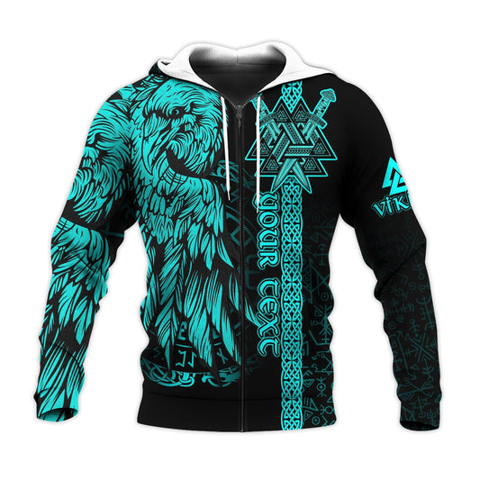 (Custom) Valknut Raven Symbol Celtic Vegvisir Cyan Color Viking Hoodie