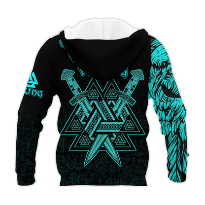 (Custom) Valknut Raven Symbol Celtic Vegvisir Cyan Color Viking Hoodie