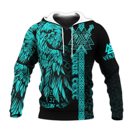 (Custom) Valknut Raven Symbol Celtic Vegvisir Cyan Color Viking Hoodie