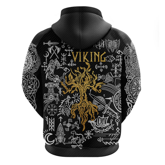 Yggdrasil Pattern And Ancient Rune Black Viking Hoodie