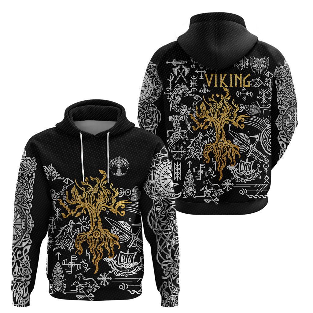 Yggdrasil Pattern And Ancient Rune Black Viking Hoodie