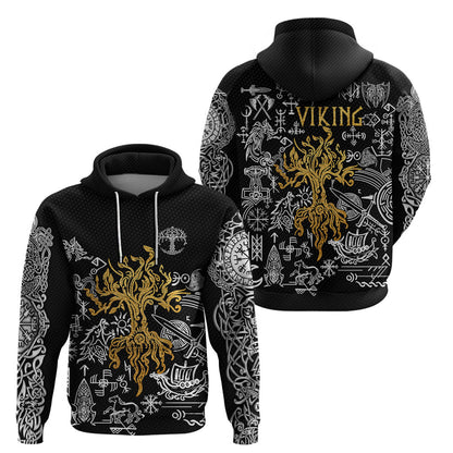 Yggdrasil Pattern And Ancient Rune Black Viking Hoodie