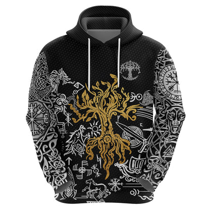 Yggdrasil Pattern And Ancient Rune Black Viking Hoodie