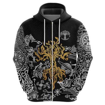 Yggdrasil Pattern And Ancient Rune Black Viking Hoodie